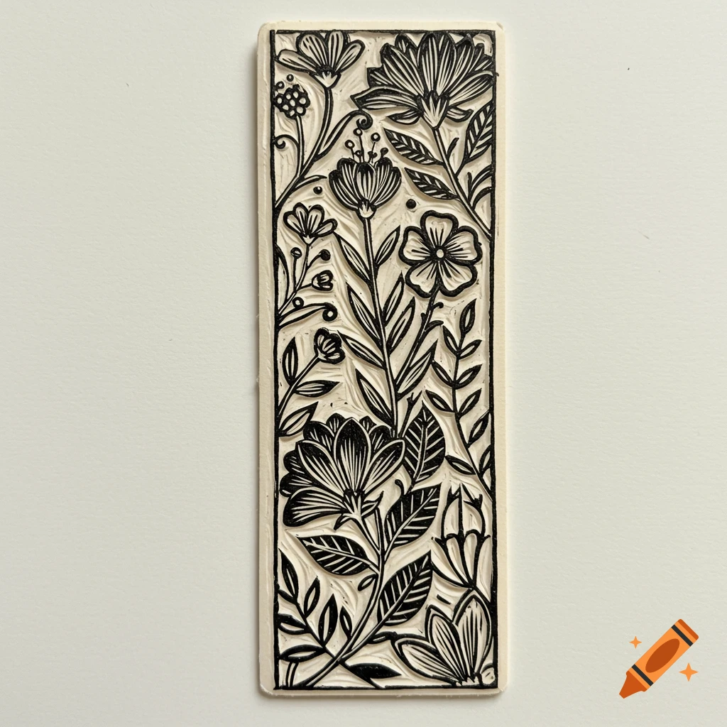 A black and white linocut floral pattern on a rectangular block.
