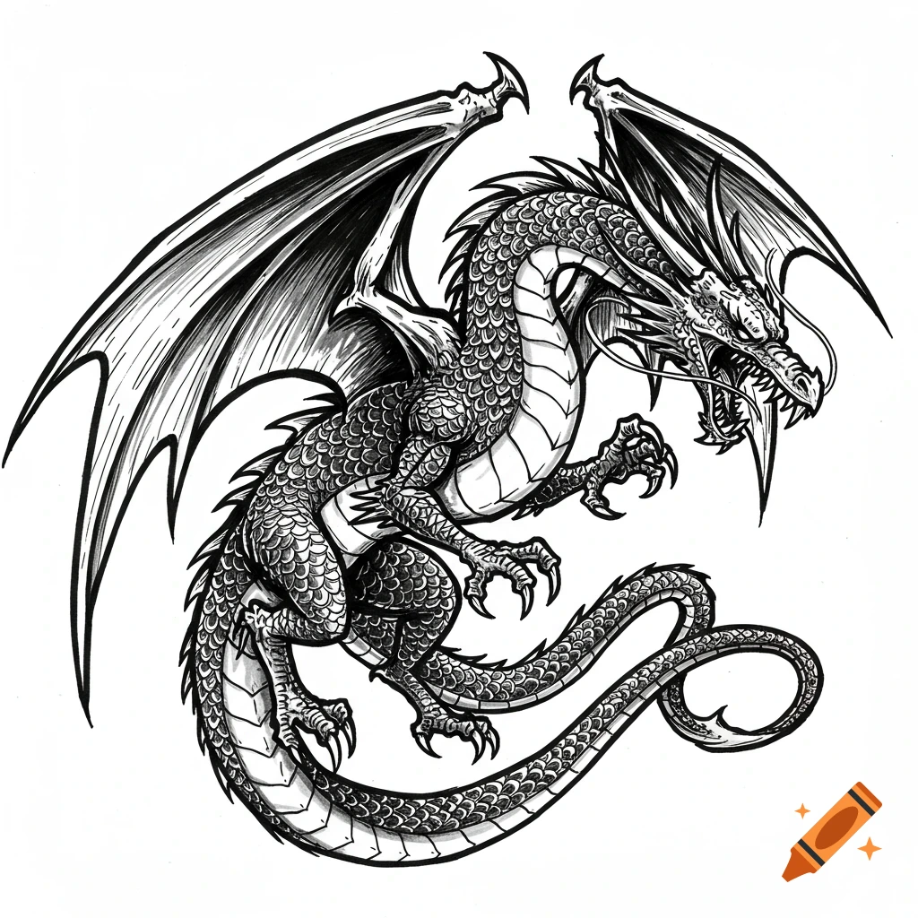 Black and white drawing of a flying fantasy dragon with scales and large wings.