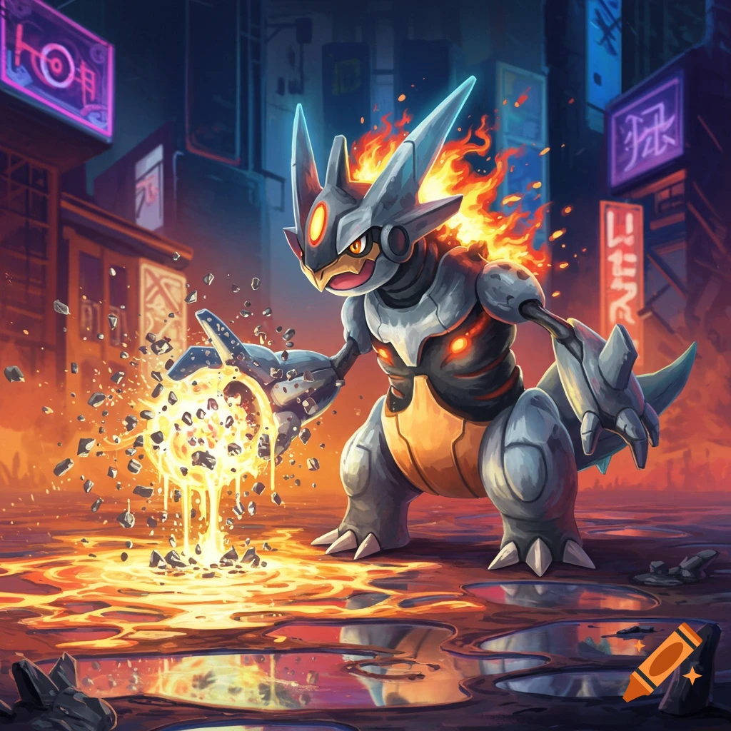 A creature resembling a Pokemon, with metallic armor and fire on its back, melts the ground with a fiery orb in a city street.
