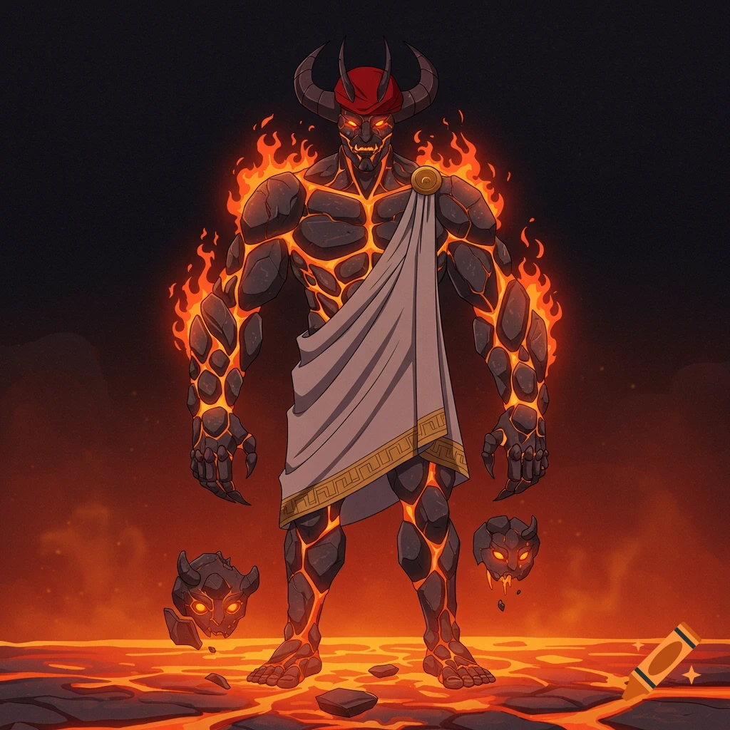Anime art style of a fiery lava creature in a toga standing in a pool of lava.