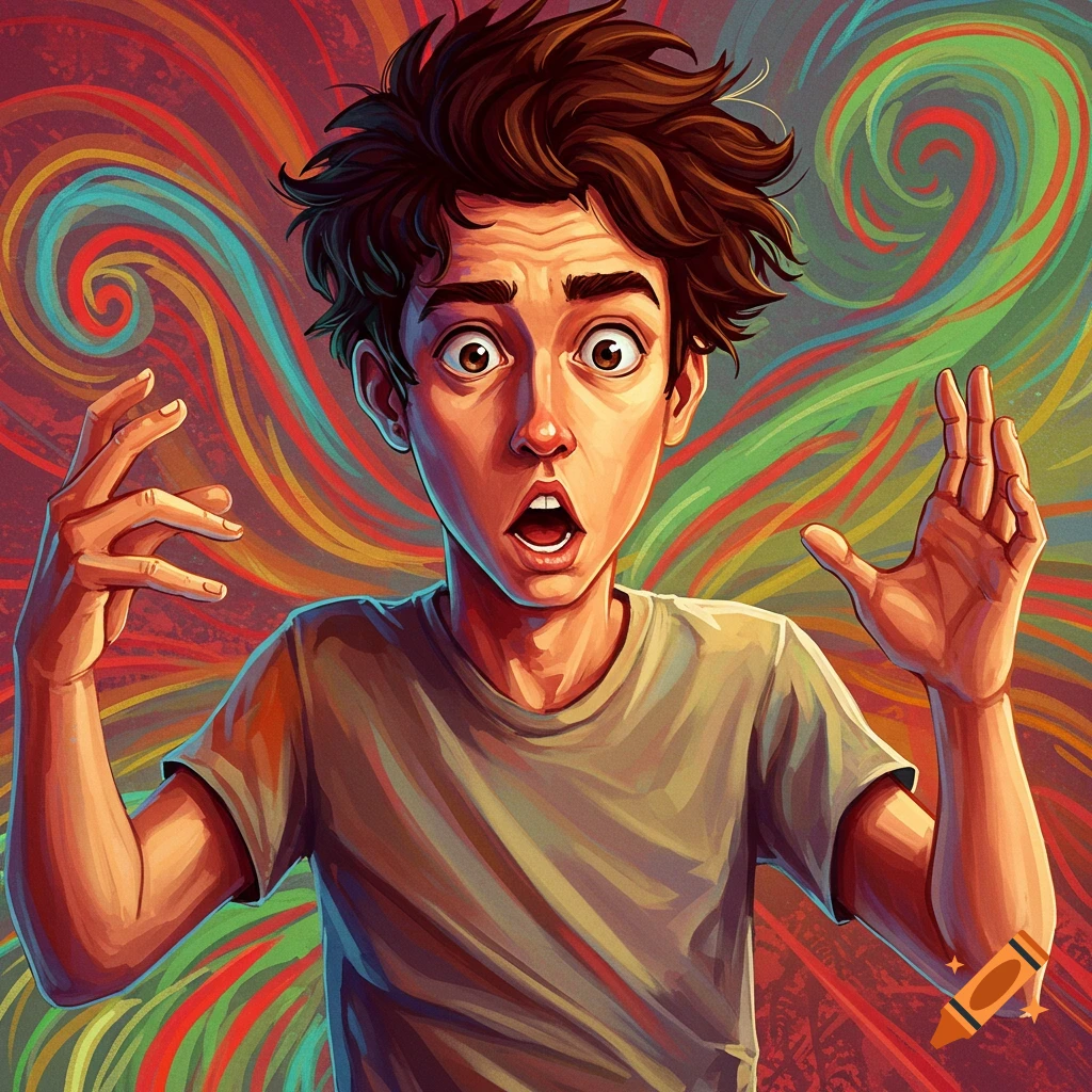 Illustration of a surprised young man with wide eyes and hands raised against a background of swirling, colorful lines.