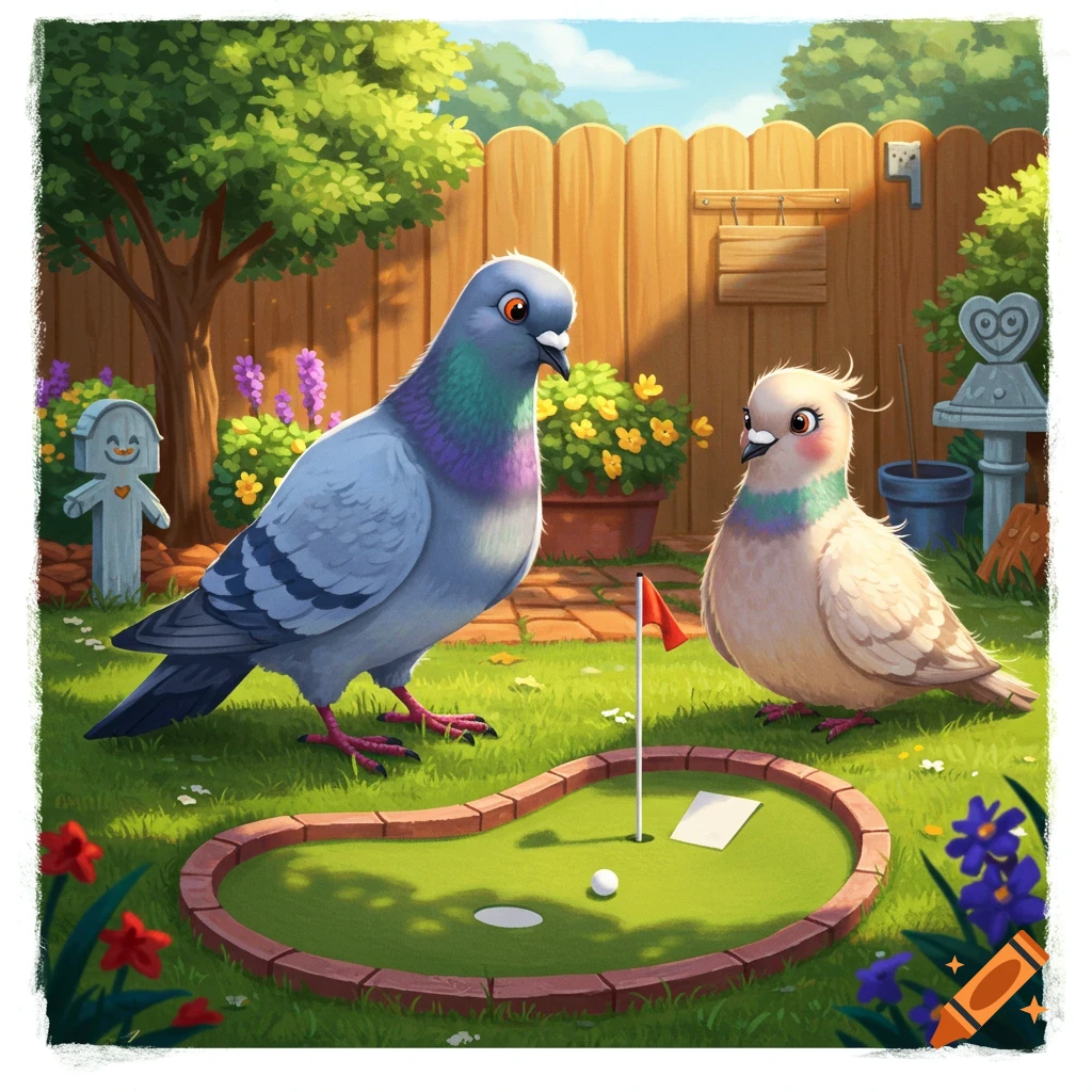Two cartoon pigeons play mini-golf in a sunny backyard.
