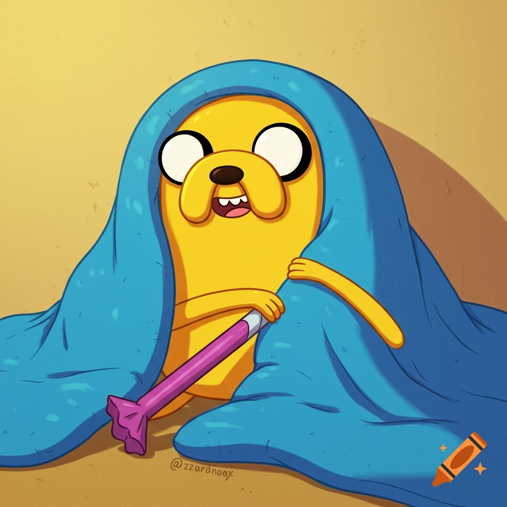 Cartoon illustration of Jake from Adventure Time peeking from under a blue blanket and holding a party blower.