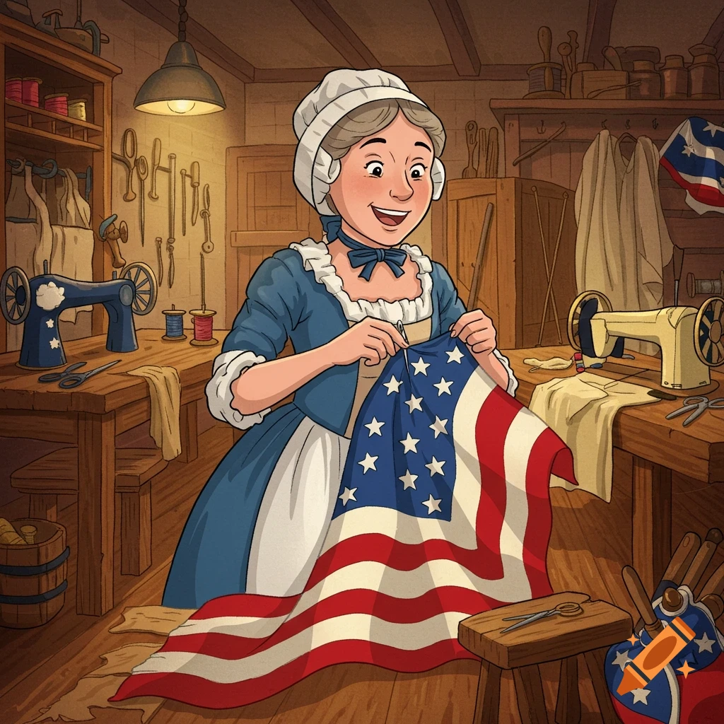 Cartoon illustration of Betsy Ross sewing an American flag in a workshop.