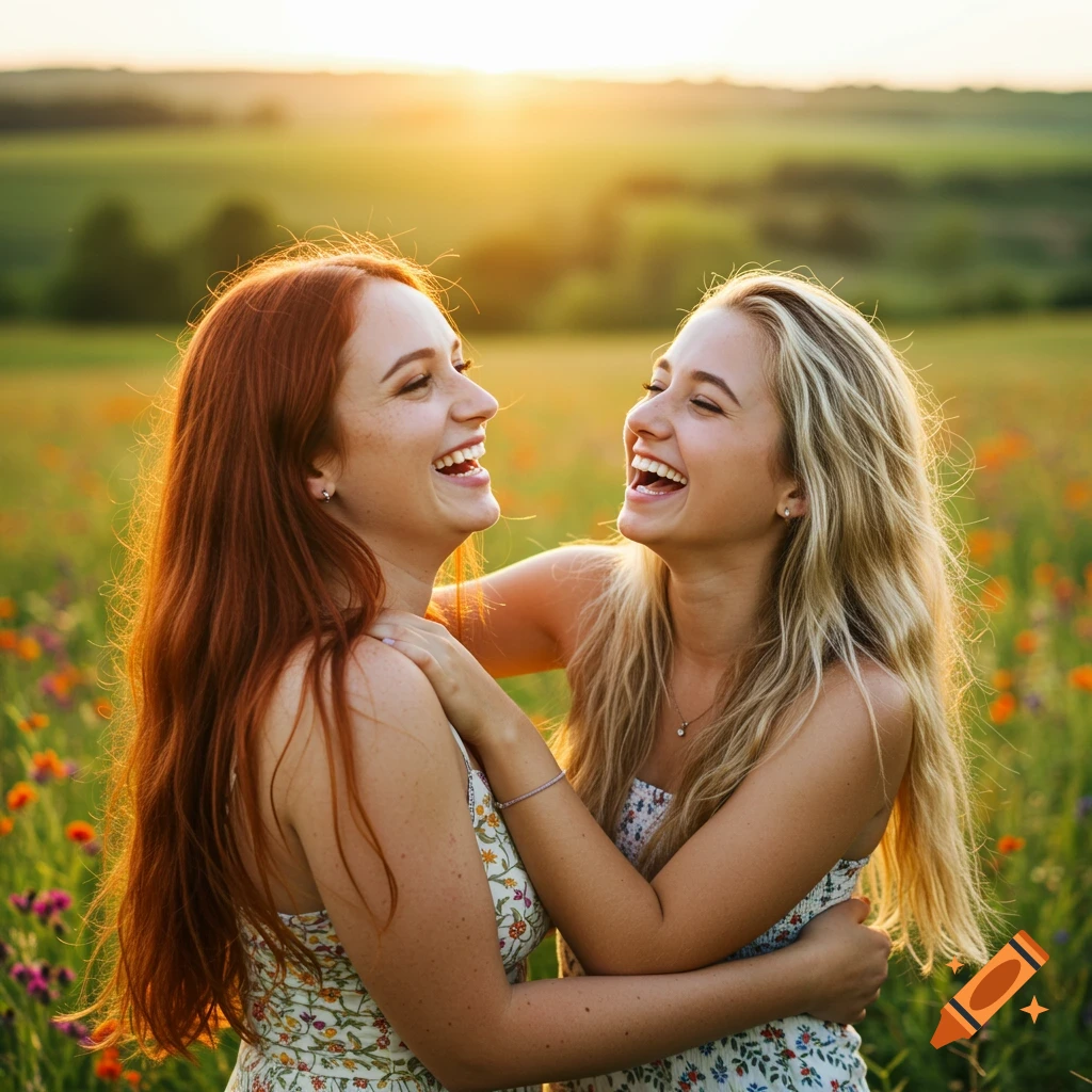 Two women laughing and hugging in a flower field at sunset, photorealistic style.