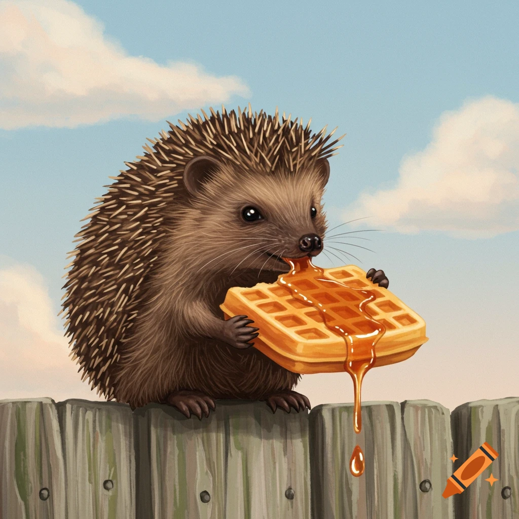 Illustration of a hedgehog sitting on a fence eating a waffle with honey dripping