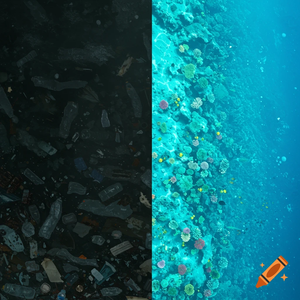 A split image showing a dark, polluted ocean on the left and a bright, clean coral reef on the right.