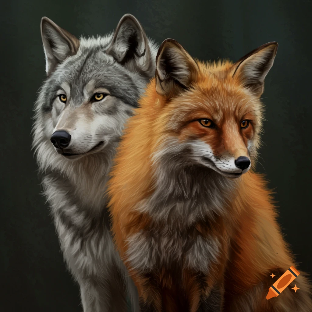 A grey wolf and a red fox side-by-side.