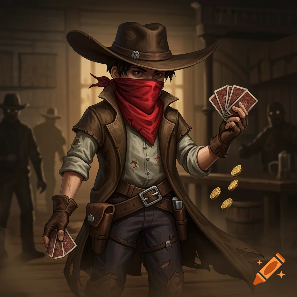 Cartoonish illustration of a young cowboy gambler holding cards and coins in a saloon.