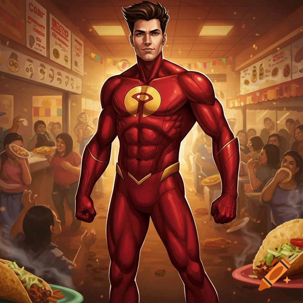 Superhero in a red suit with a gold symbol stands in a crowded taqueria with tacos in the foreground.