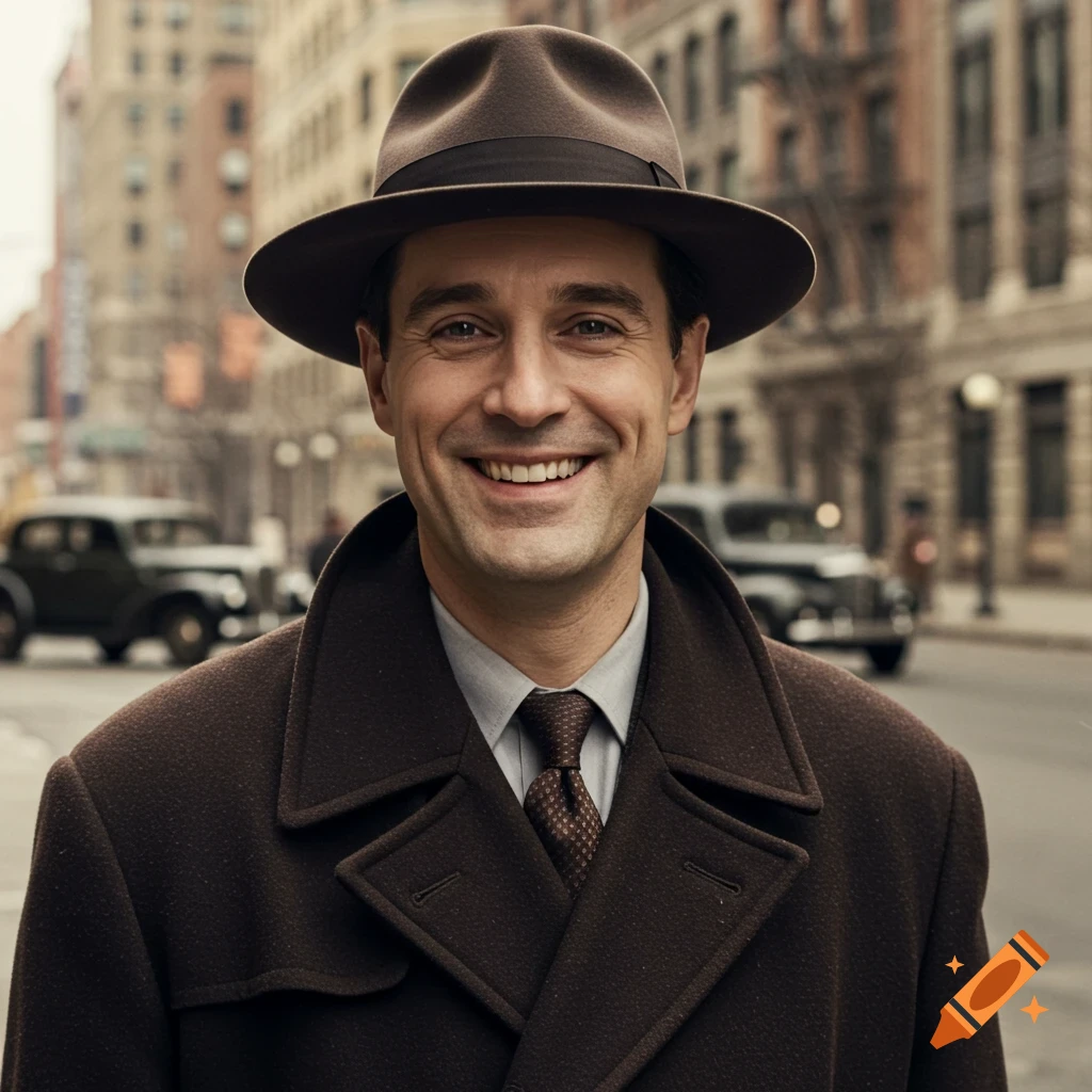 A man in a fedora and trench coat smiles on a city street with vintage cars.