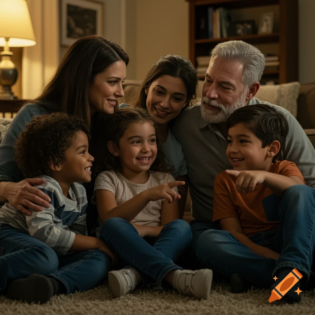 Family sitting together on a rug in a living room, smiling