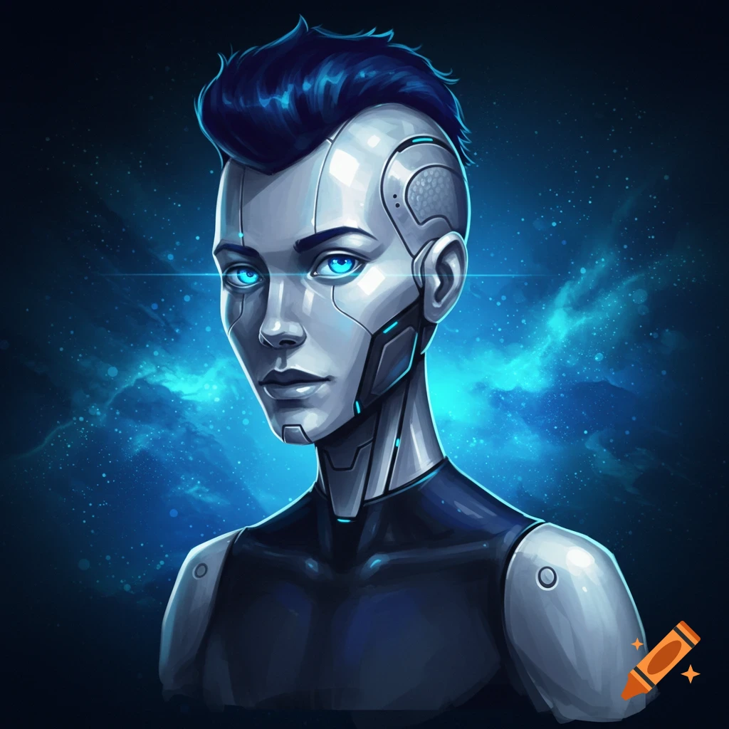 Stylized bust of an android with blue hair and glowing blue eyes against a dark blue cosmic background.