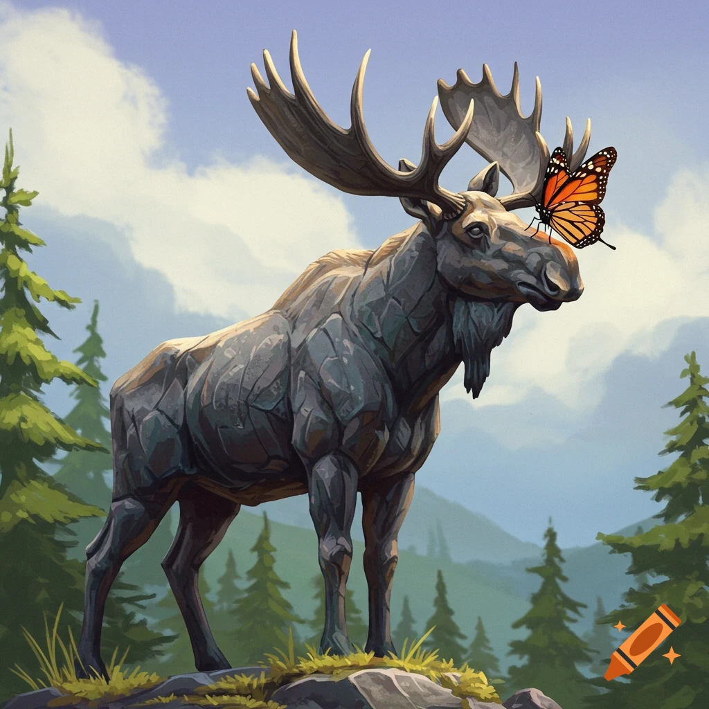 Illustrated stone moose statue with a monarch butterfly on its nose, standing on a rock in a forest landscape.
