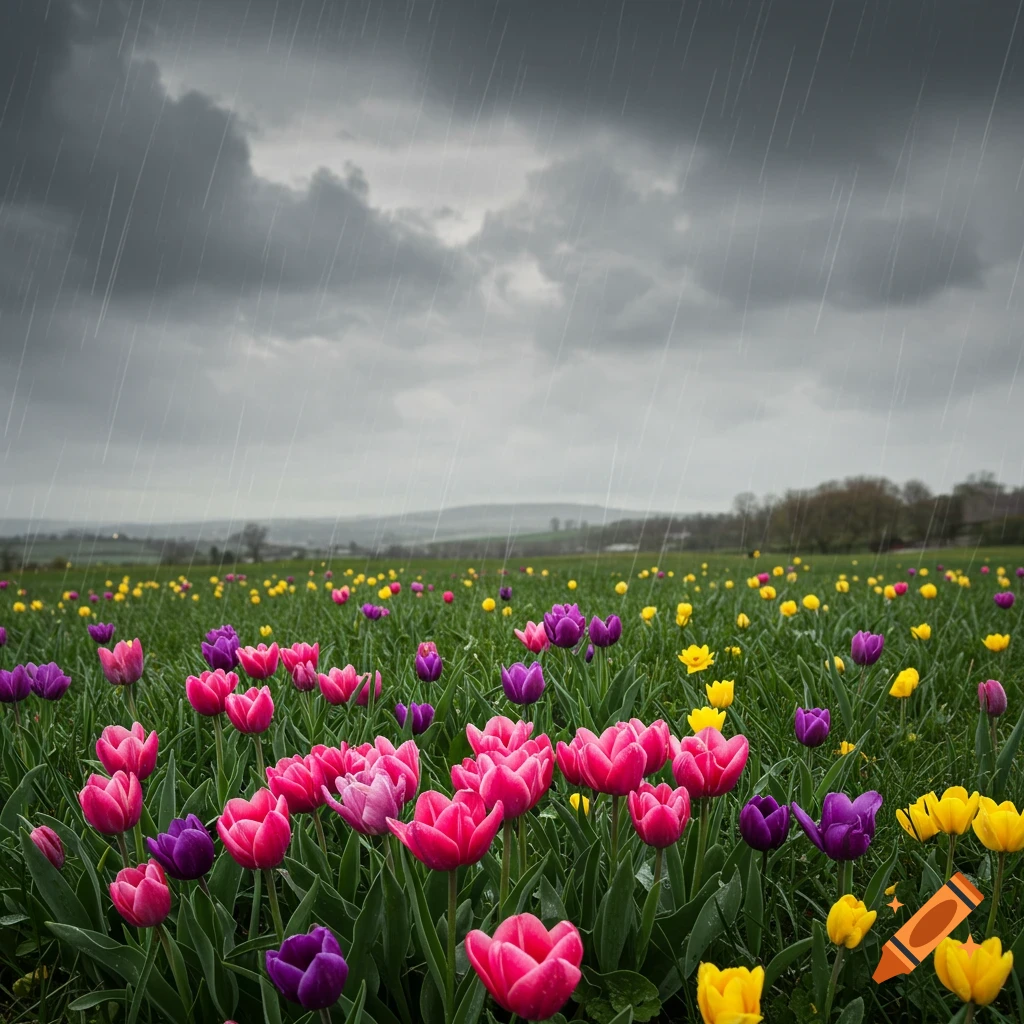 Photorealistic image of a field of pink, purple, and yellow tulips under a stormy sky with rain.