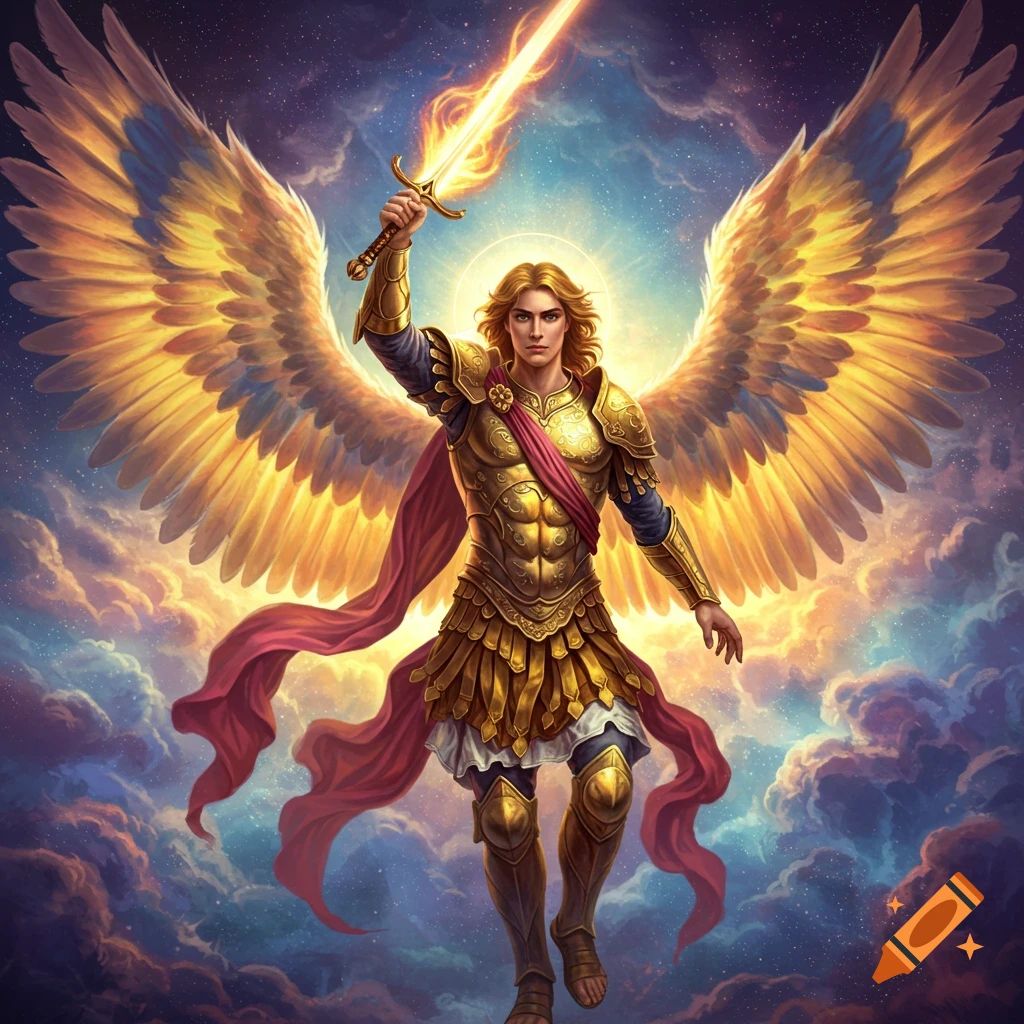 Archangel in golden armor with flaming sword and large wings, flying through clouds and stars.