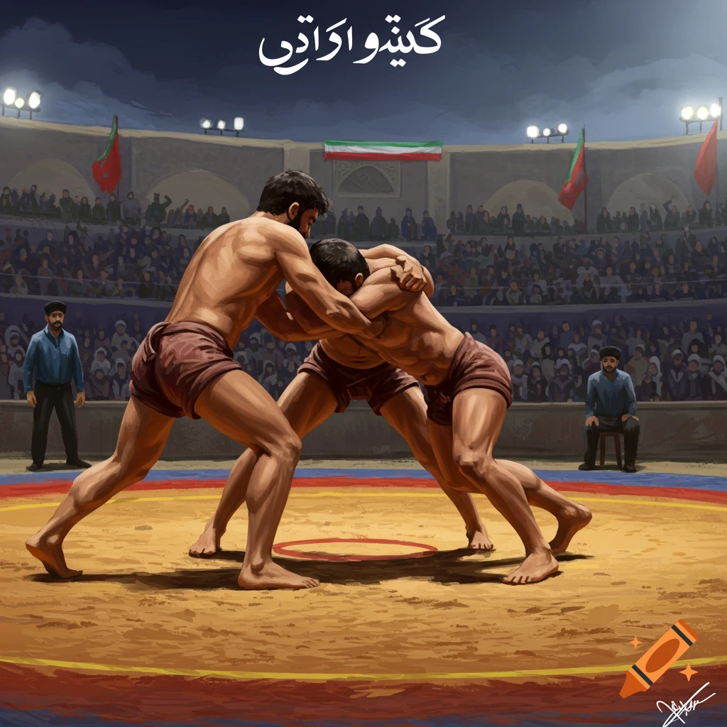 Two wrestlers grapple in a crowded arena under lights.