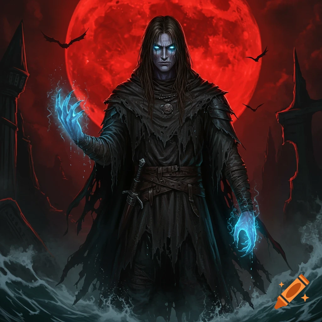 Dark fantasy figure with glowing blue eyes and hands, standing in water under a red moon in a gothic setting.