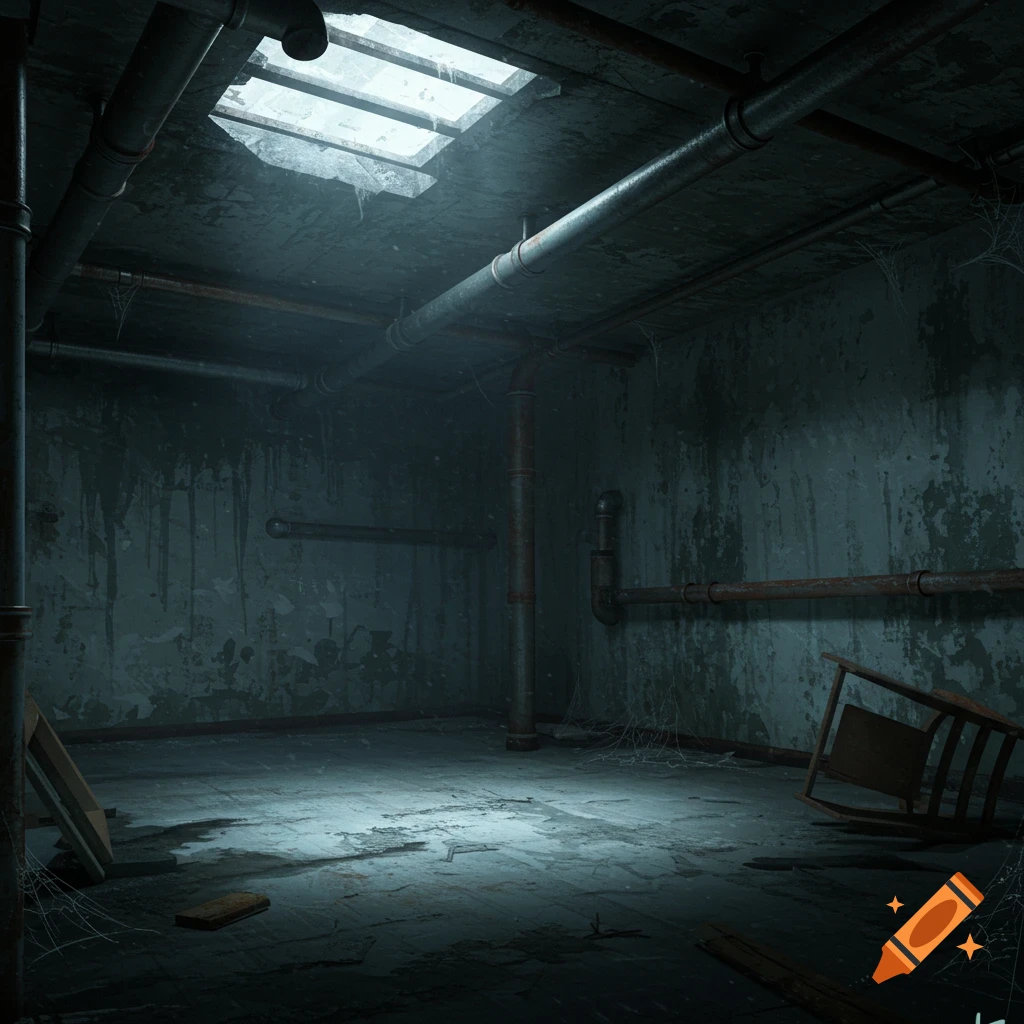 Dark, abandoned basement with pipes, broken skylight, and a broken chair.