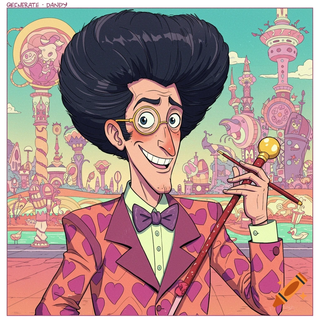 Cartoon illustration of a man with large hair, glasses, and a heart-patterned suit holding a cane, in a colorful fantasy cityscape.