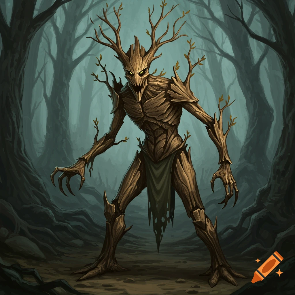 A humanoid tree monster (twig blight) stands in a dark forest