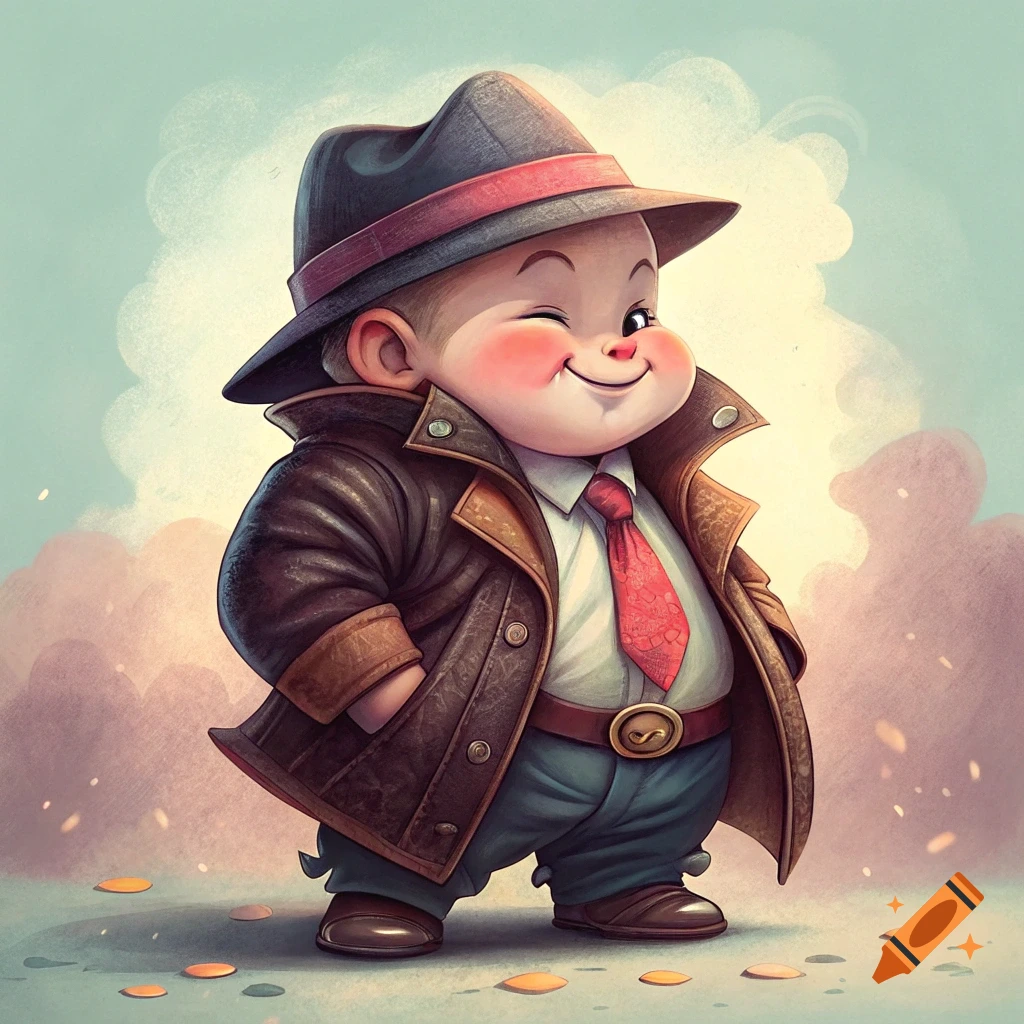 Cute cartoon child in a gangster costume winks
