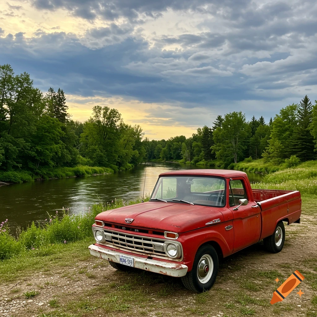 A red vintage pickup truck is parked on a dirt path beside a river with trees and a cloudy sky.