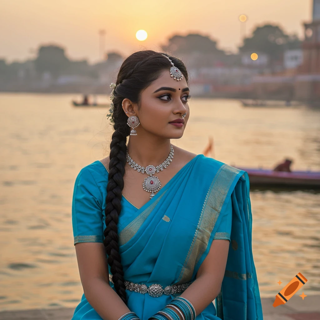 A woman in a blue sari sits by a river at sunset.