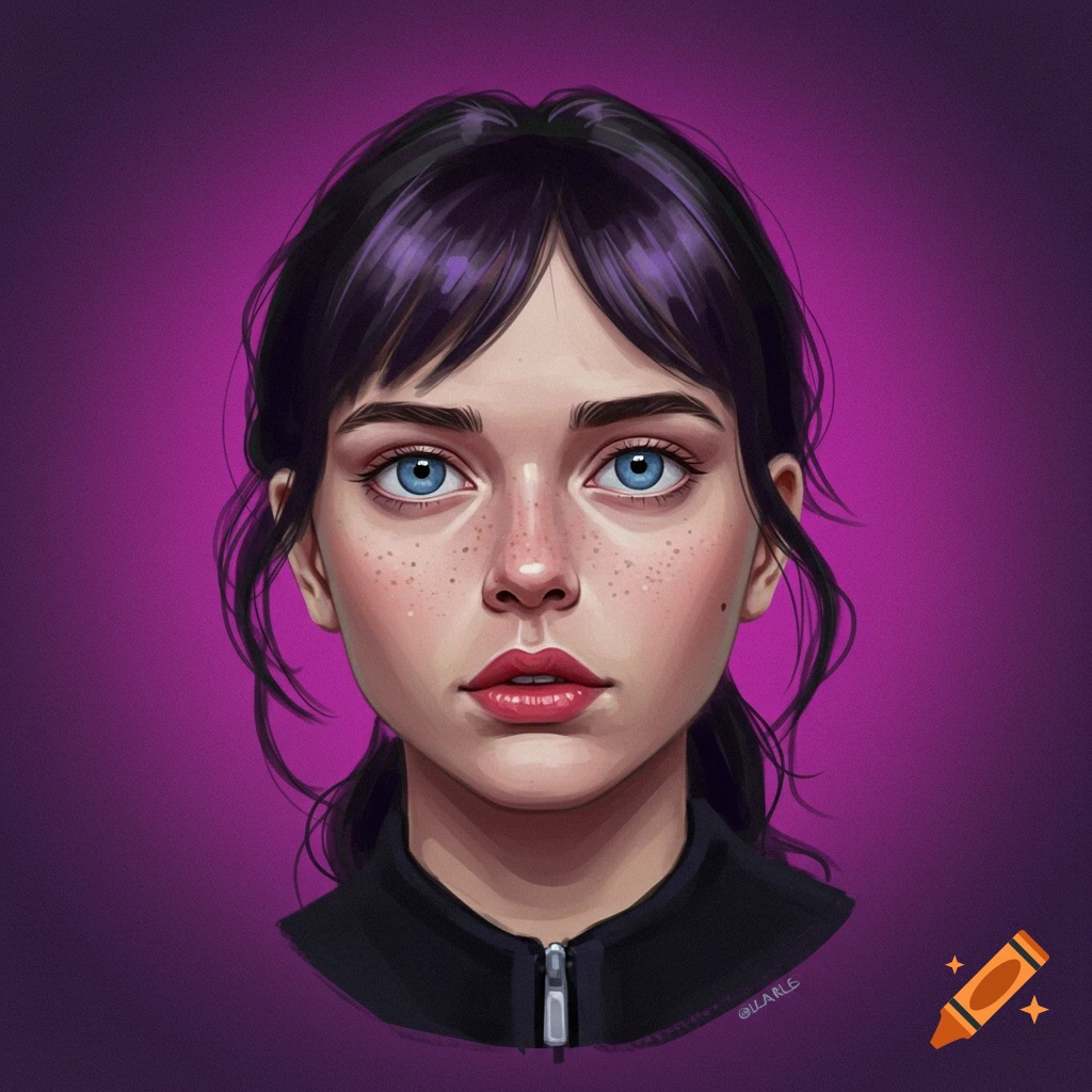 Stylized illustration of a young woman's face with blue eyes, freckles, and red lipstick against a purple background.