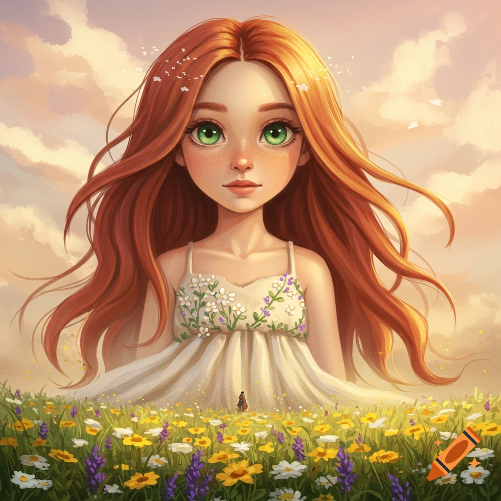 Stylized painting of a giant girl with red hair and green eyes in a floral dress, standing in a field of flowers