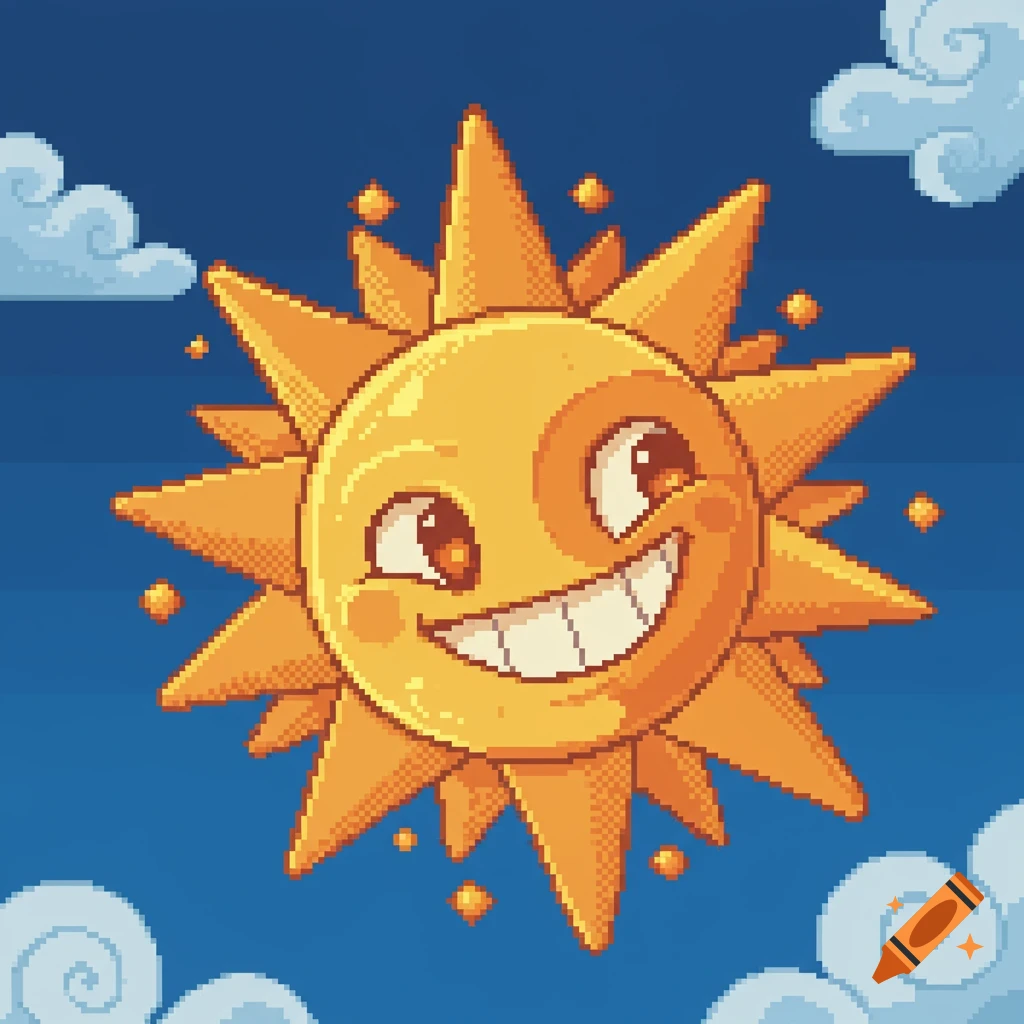 A smiling cartoon sun in pixel art style floats in a blue sky with clouds.