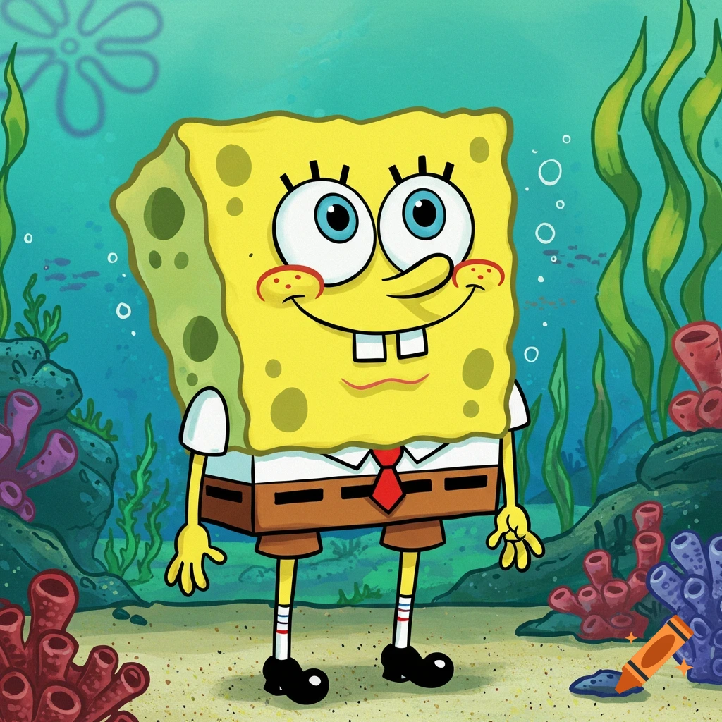 Spongebob Squarepants stands on the sandy seabed surrounded by coral and seaweed.