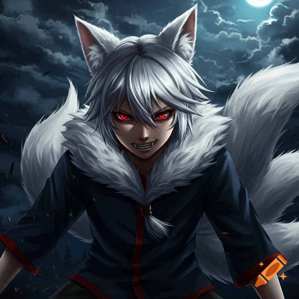 Anime boy with silver hair, fox ears and tails, and glowing red eyes in a dark night scene.