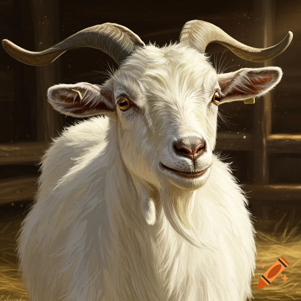 Close-up of a white goat with large curved horns