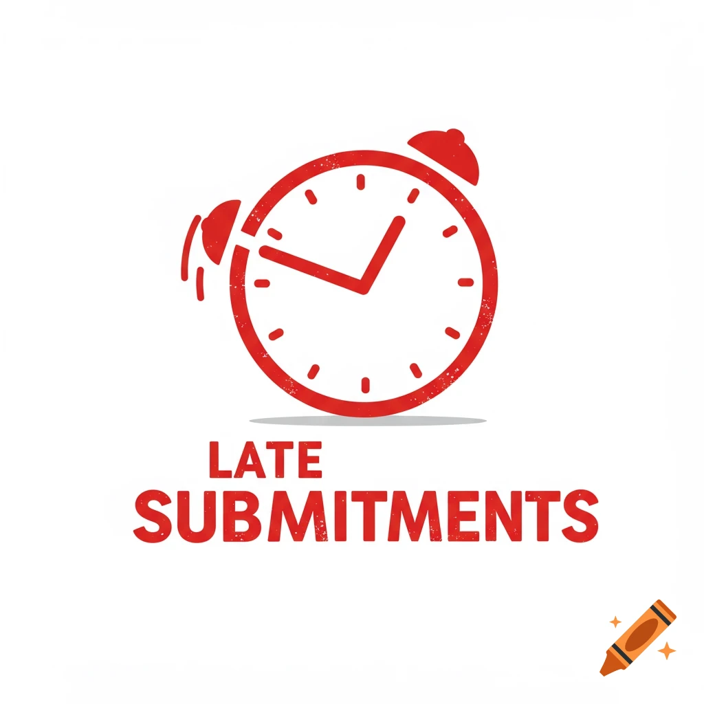 A red distressed vector logo featuring an alarm clock and the text LATE SUBMITMENTS.