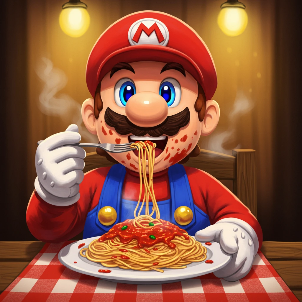 Mario eating spaghetti