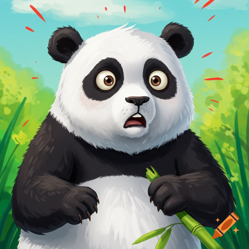 A cartoon panda looks surprised while holding bamboo.