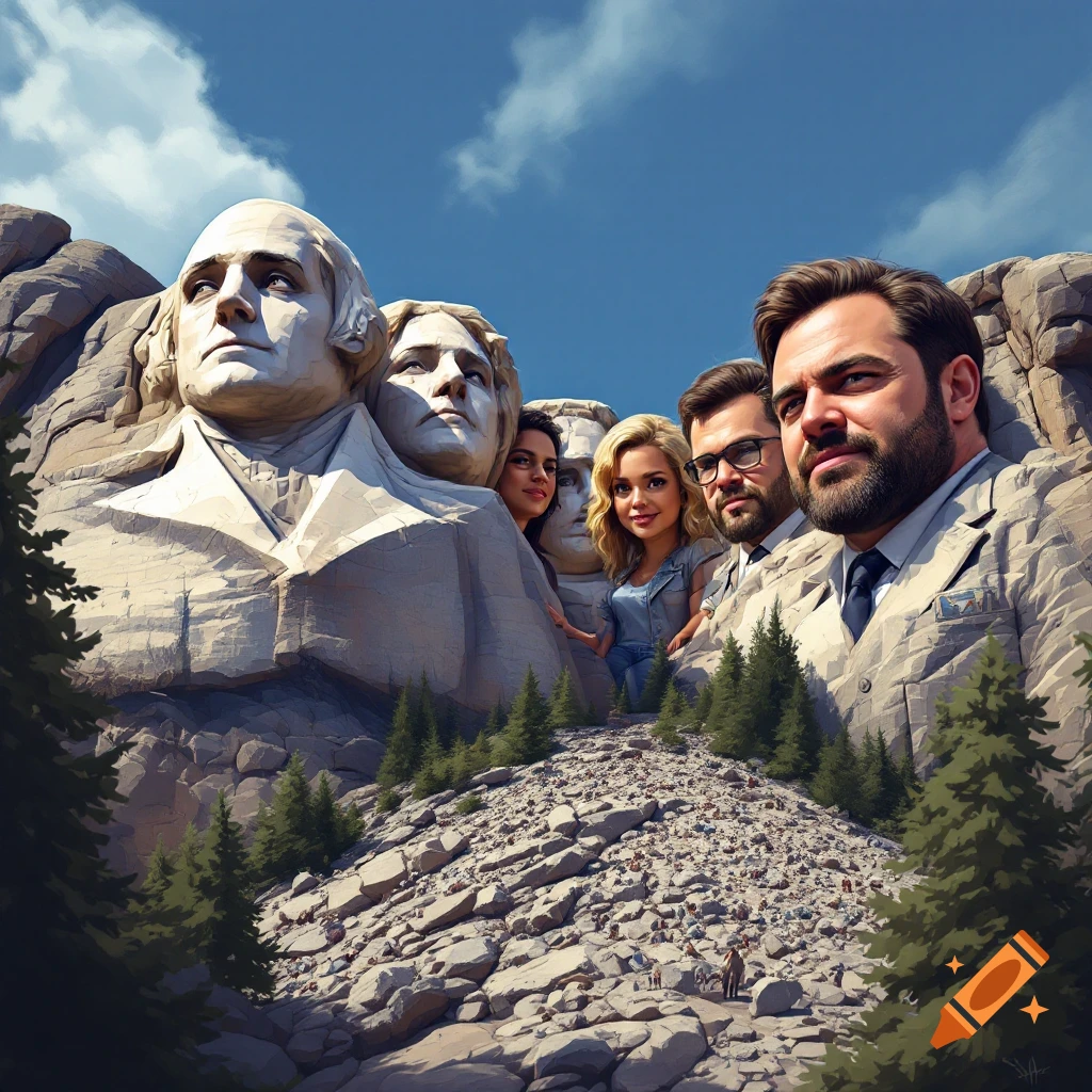 Caricatured heads of Candace Owens, Dave Smith, and Tucker Carlson carved into Mount Rushmore alongside original presidential faces, with tiny hikers below.