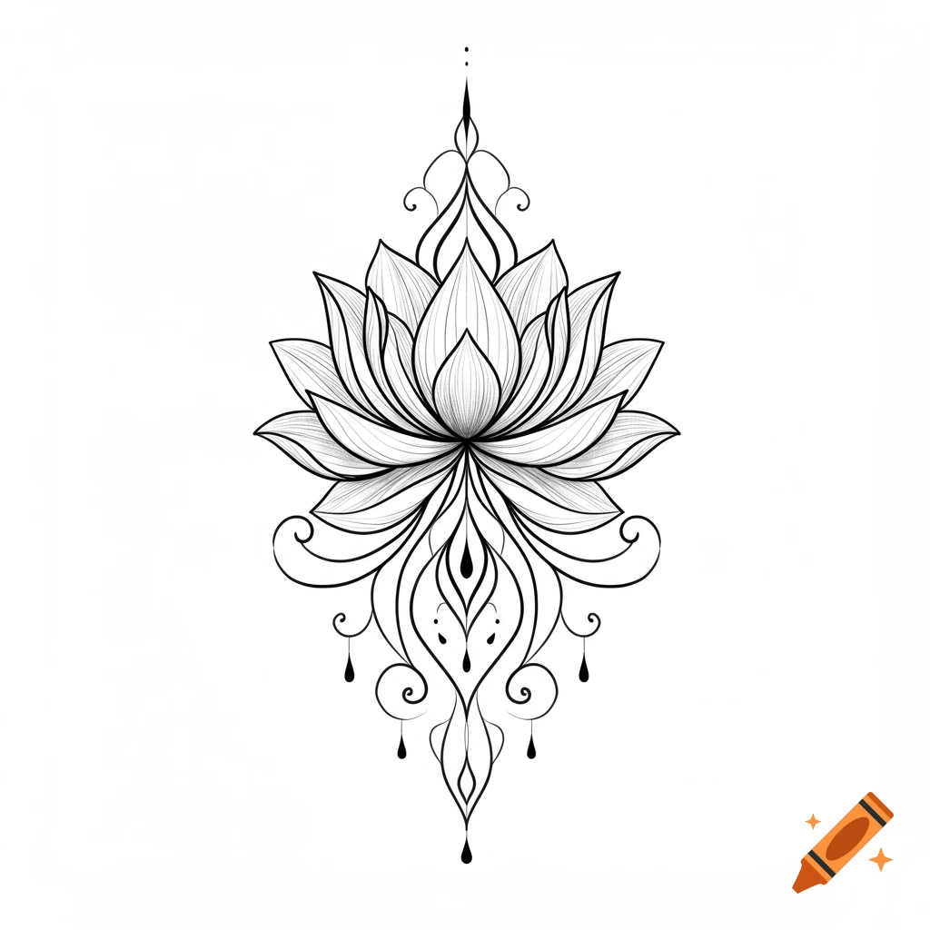 Black outline drawing of a stylized lotus flower with curled ornamental elements.