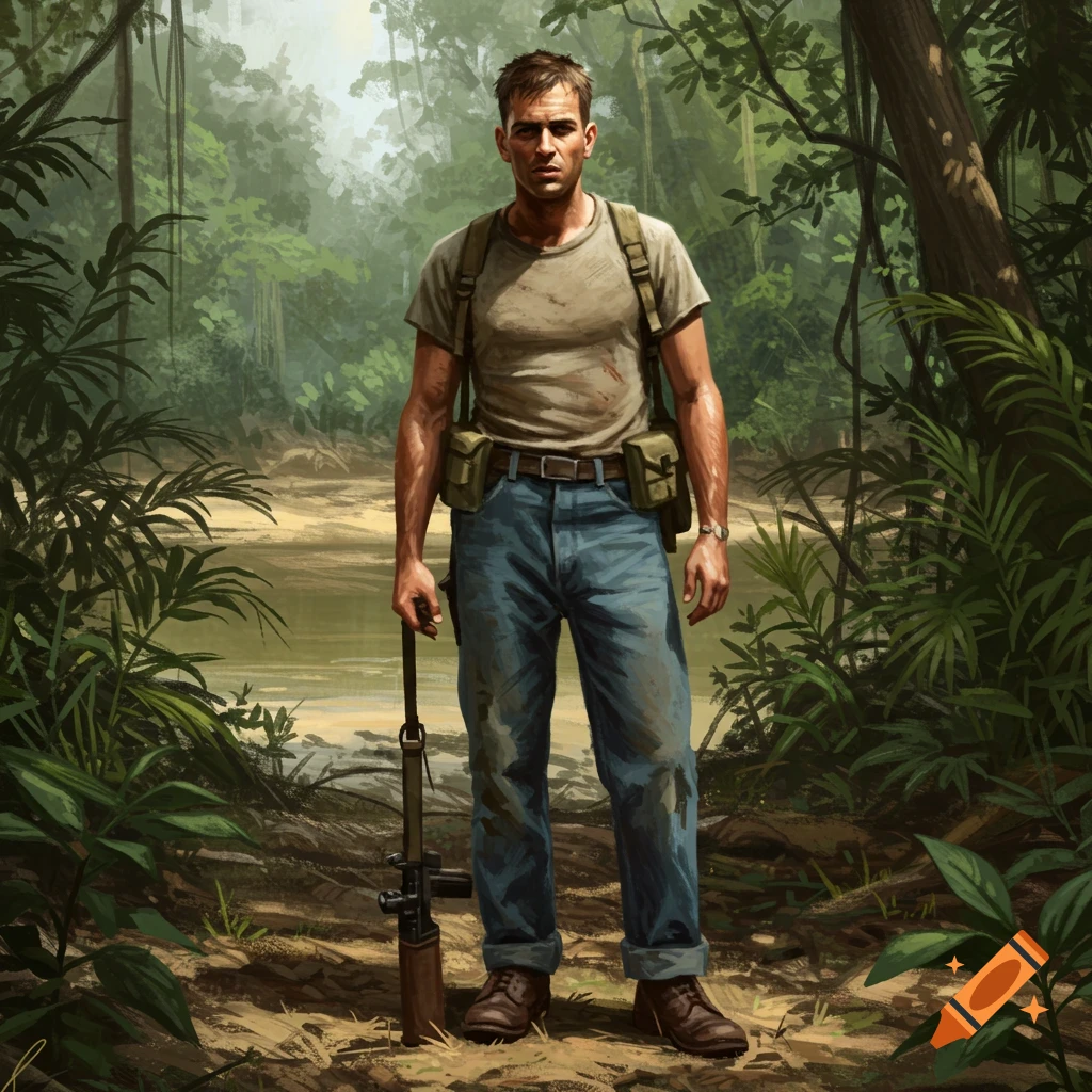A man wearing blue jeans and a t-shirt, holding a rifle, standing in a jungle
