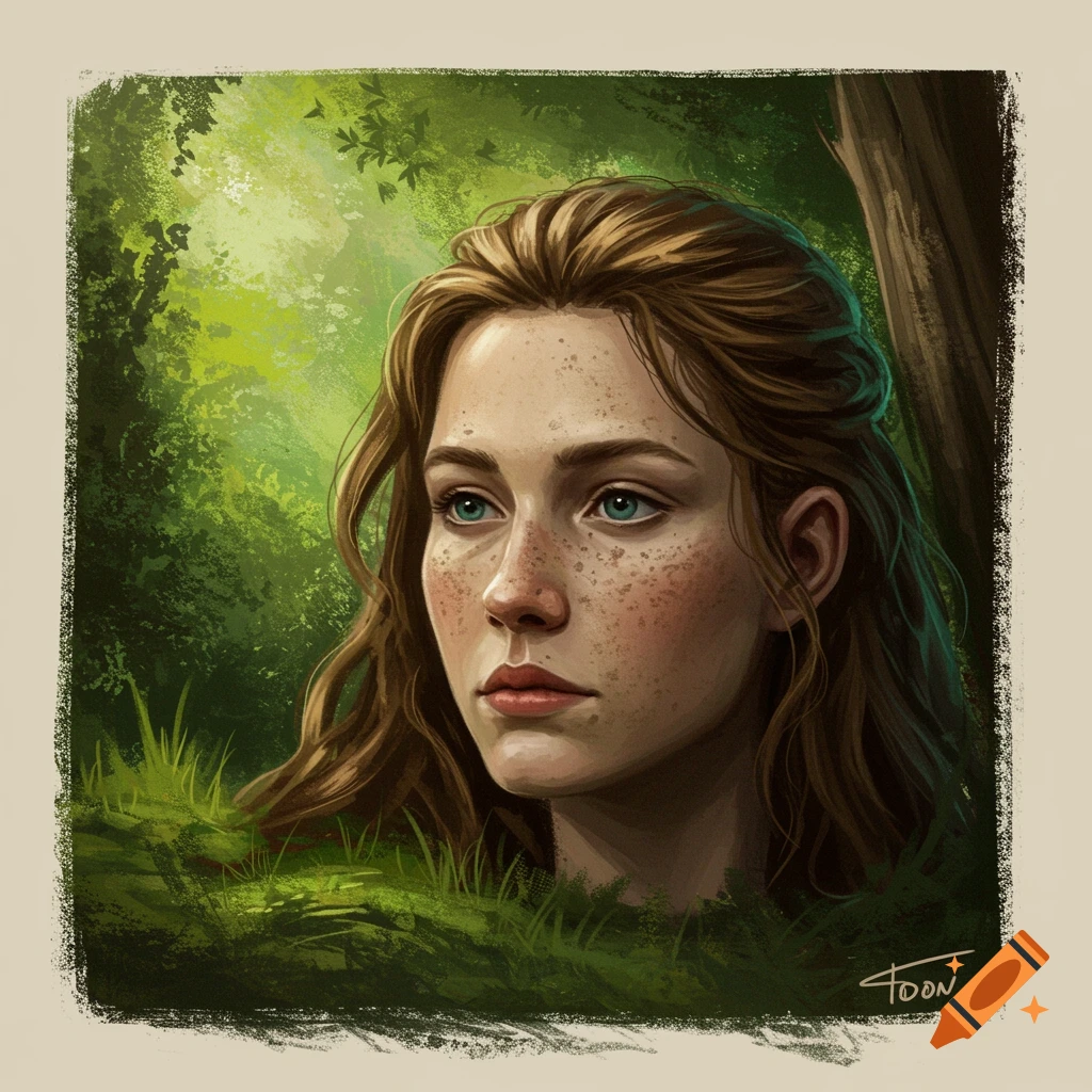 Illustration of a woman with freckles in a forest