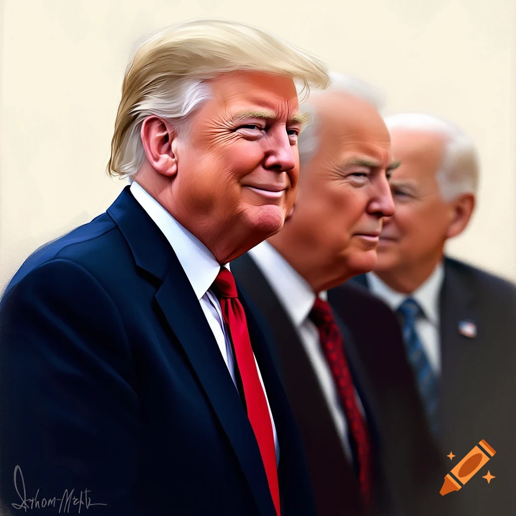 Stylized portrait of Donald Trump, George W. Bush, and Joe Biden lined up.
