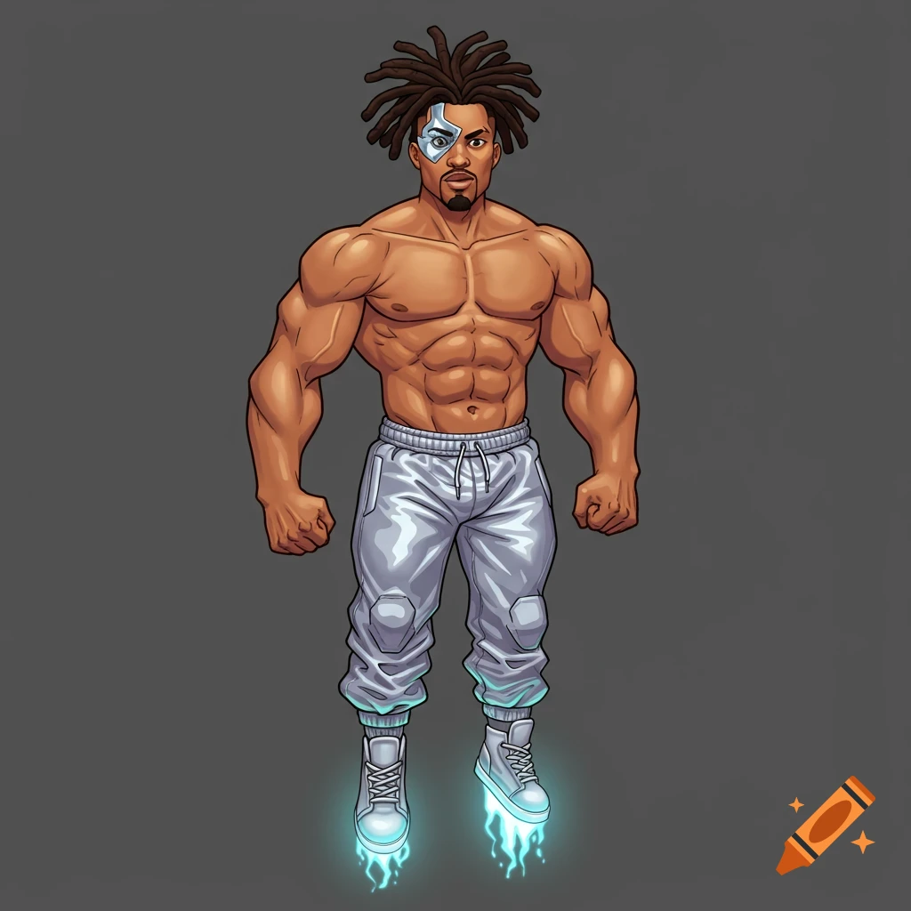 Muscular man with dreads and chrome eye floating with fire from shoes, illustration