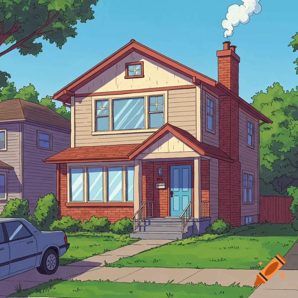 Cartoon illustration of a two-story suburban house with a blue door and red roof on a sunny day.