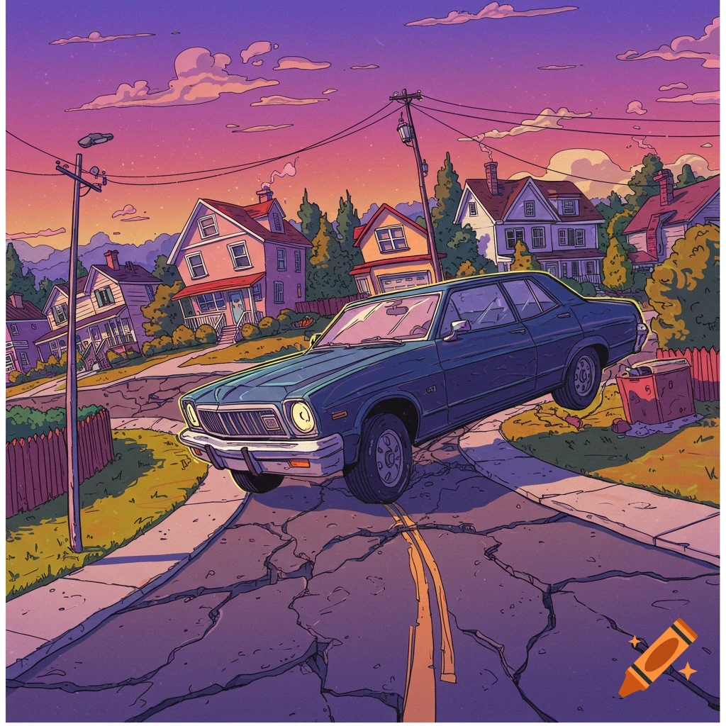A blue car floats above a cracked street in a suburban neighborhood at sunset, in a stylized illustration.