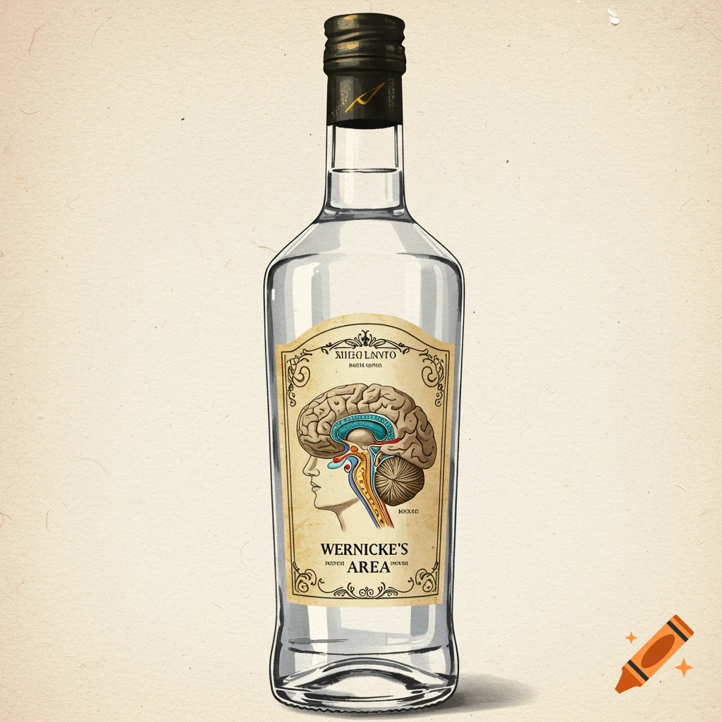 An illustrated bottle of Ouzo with a diagram of Wernicke's area on the label.