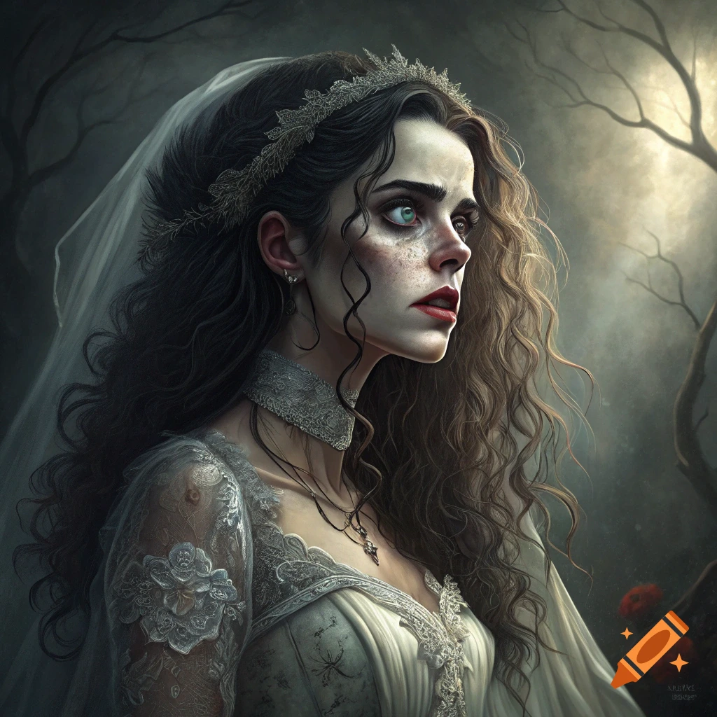 A gothic fantasy portrait of a woman in a wedding dress and veil in a dark forest.