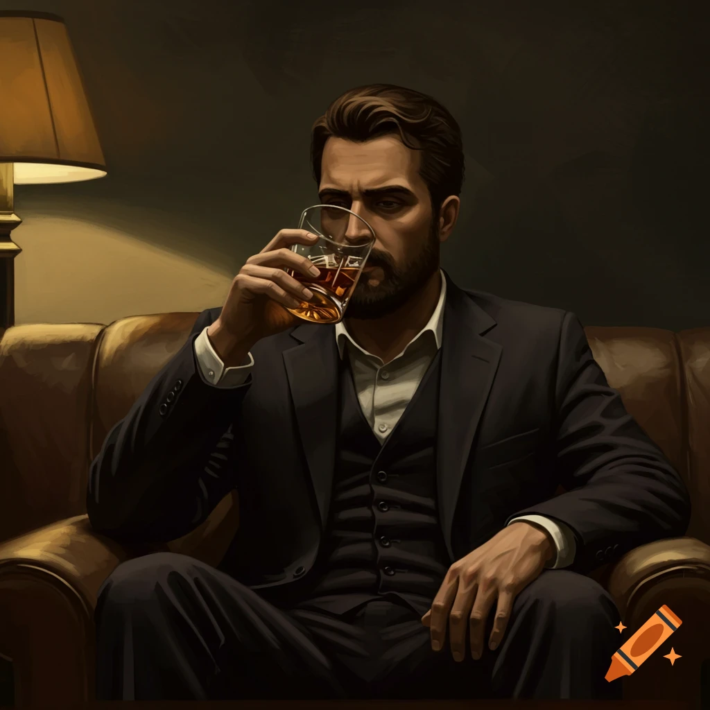 Man in a suit sitting and drinking whiskey in a dark room.