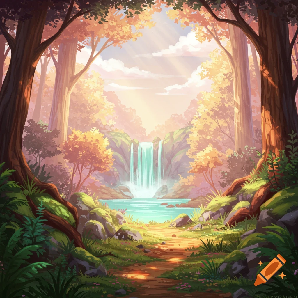 Anime style landscape, jungle, waterfall, flowers, sunset