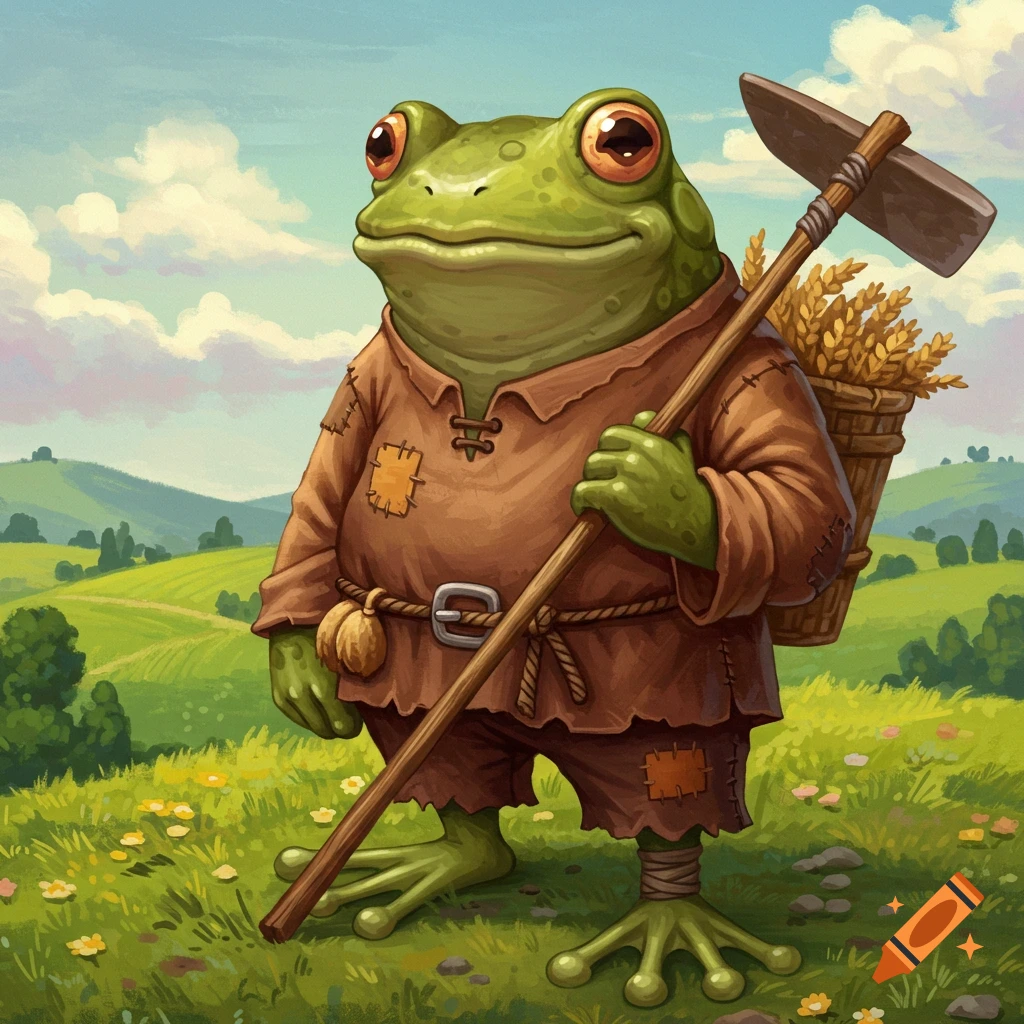 An illustration of a cartoon frog dressed as a peasant, standing in a field and carrying a hoe and basket of wheat.